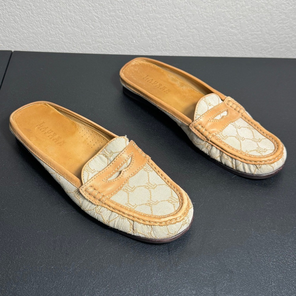 Lauren Ralph Lauren Vintage Carol Monogram Mule‎ Loafers Tan Cream Womens 8.5 B